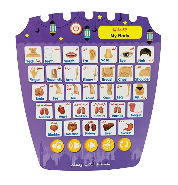 A purple learning pad with illustrations of body parts in Arabic and English for children.