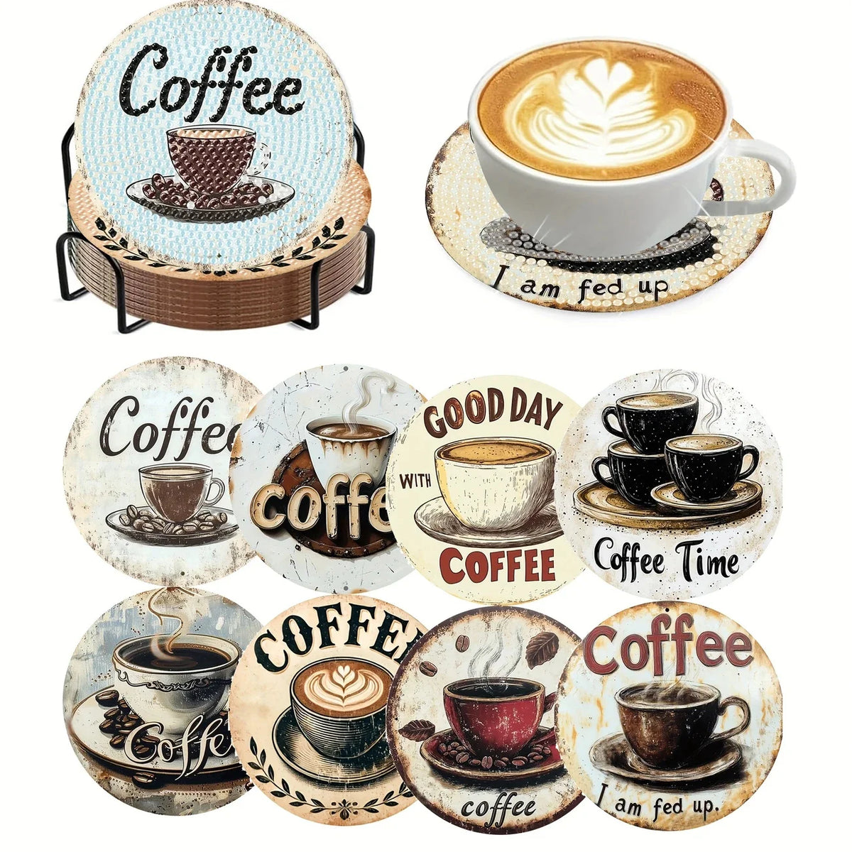 A set of diamond painting coasters featuring coffee themes including a cup, coffee beans, and the phrase I am fed up.