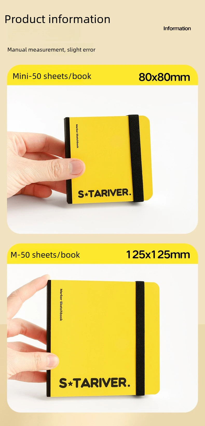 Yellow S+TARIVER sketchbook, a mini version with 80x80mm dimensions, is held in a hand.