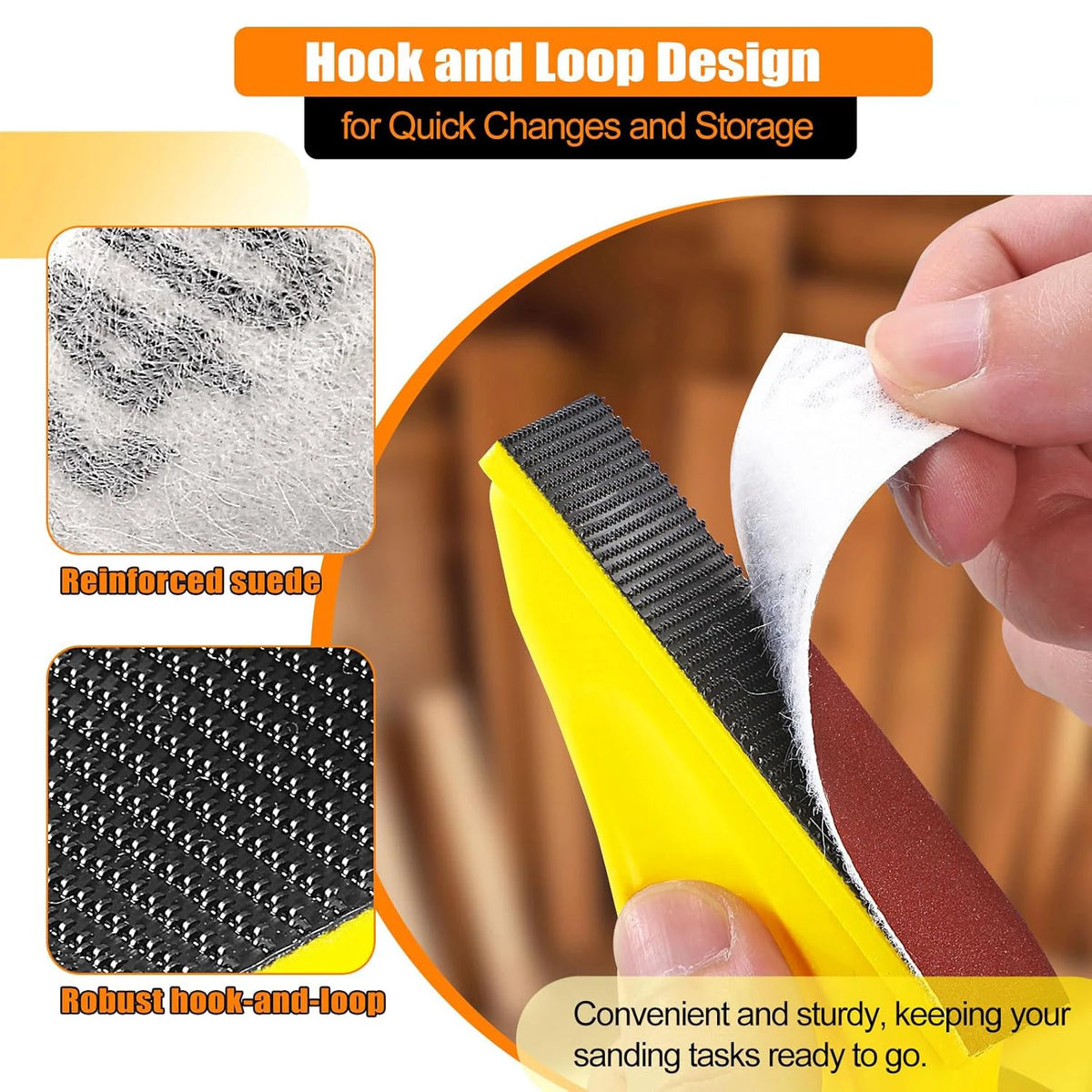 A hand is using a yellow sanding tool with a black pad to remove sanding tasks, demonstrating the hook and loop design for qu