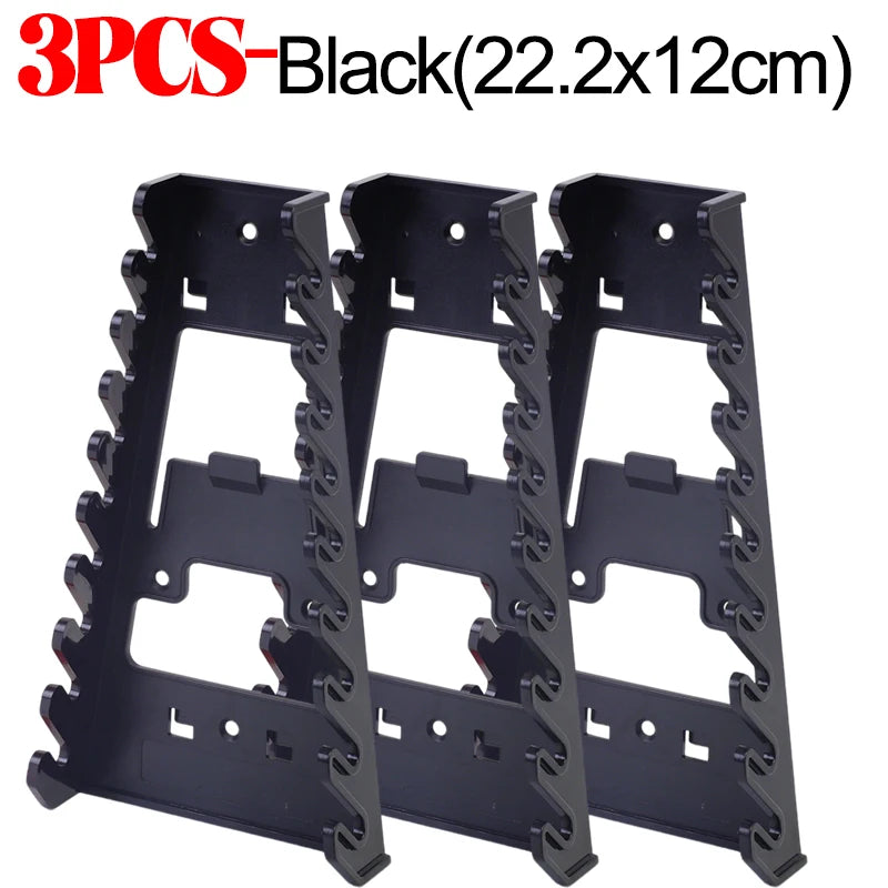 Three black heavy-duty ABS wrench organizer trays with multi-slot storage racks