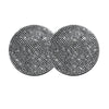 A set of two round, silver-toned diamond-encrusted non-slip coasters.