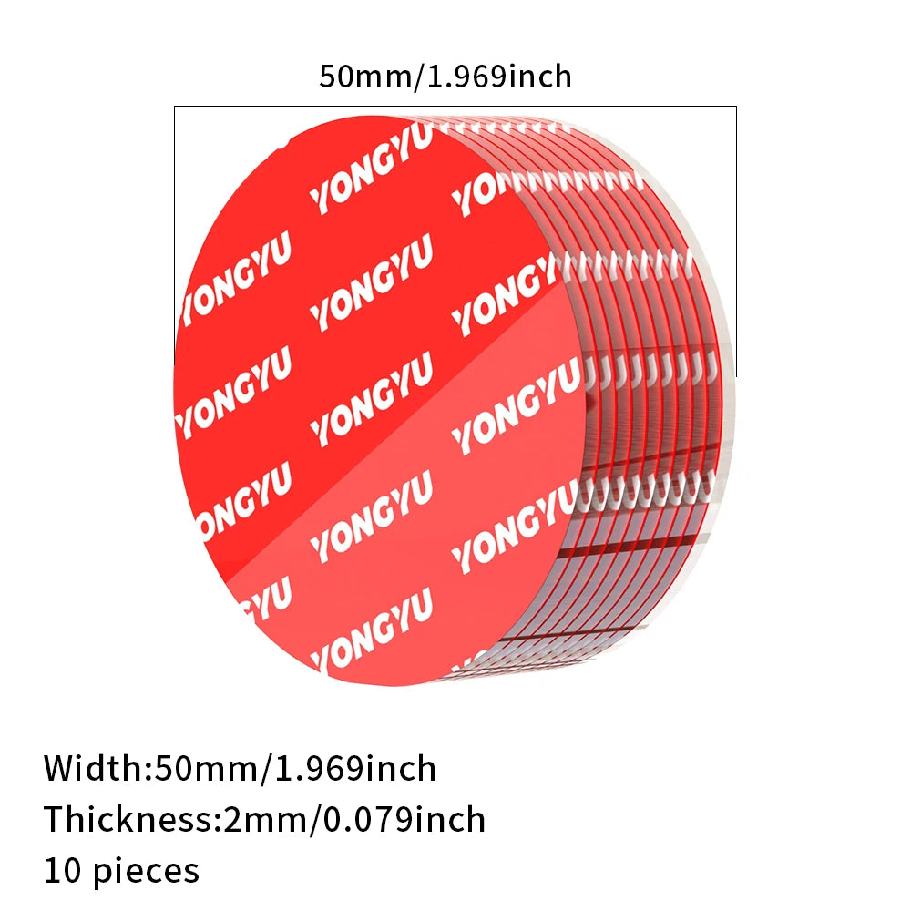 A circular red adhesive pad with text printed on it, showing its thickness and dimensions.
