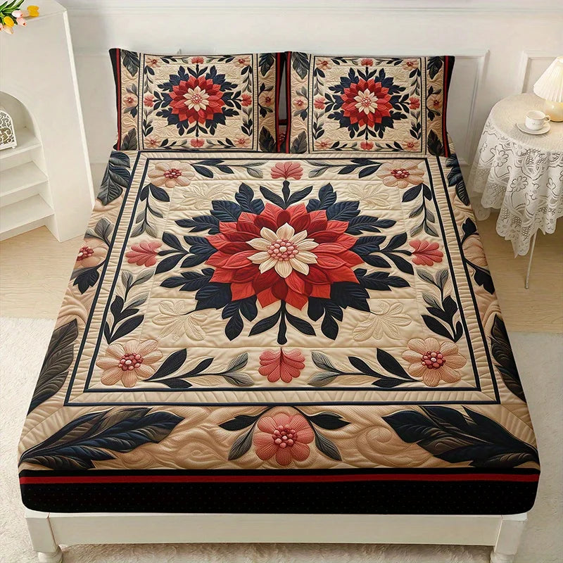 Floral gothic fitted sheet set featuring a beige and red floral pattern with decorative pillows.
