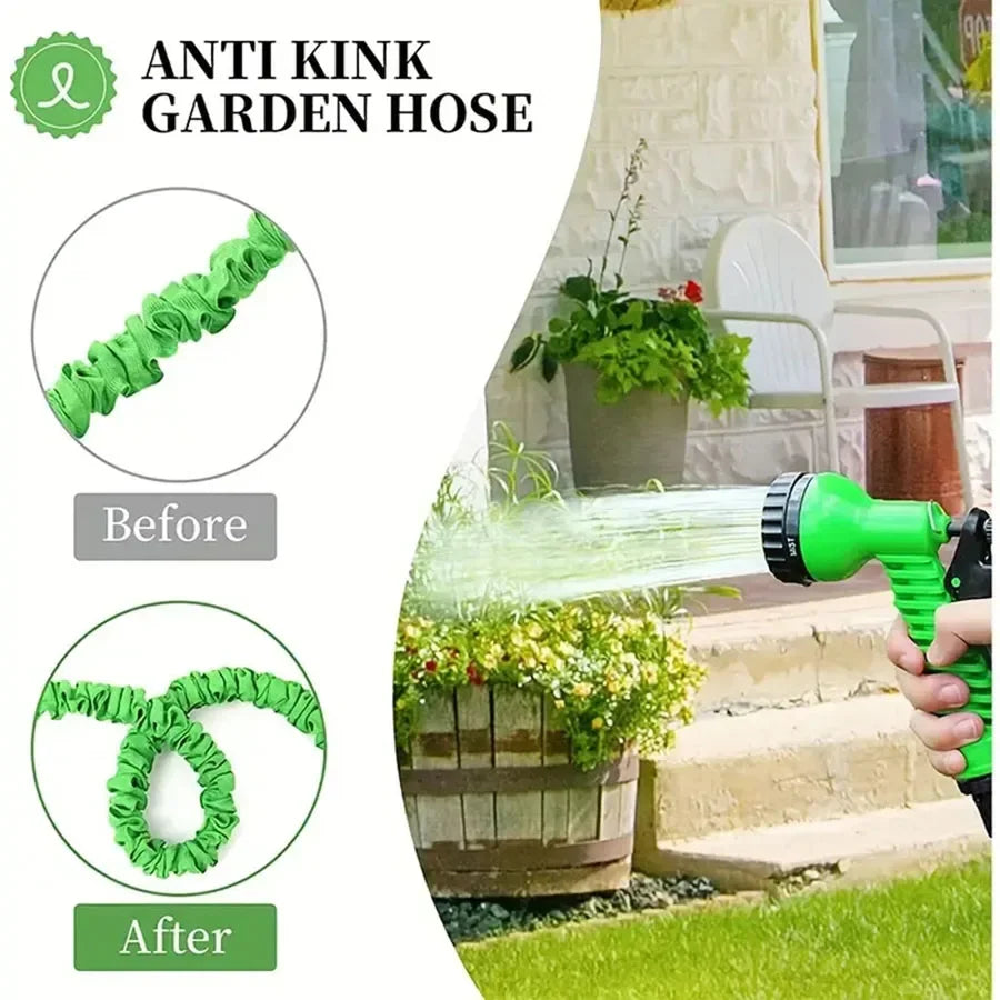Before and after comparison showing an anti kink garden hose being used to spray plants.