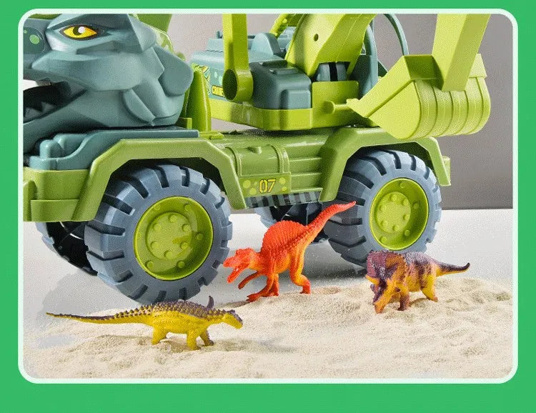 A green transport truck loaded with various dinosaur figures on a sandy surface.