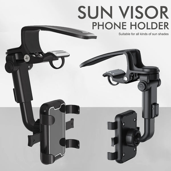 Support de téléphone avec visière solaire noire et bras réglables, montré sous différents angles.