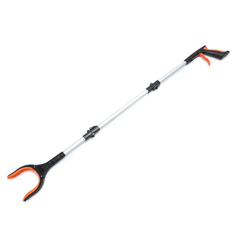 An extra-long foldable grabber tool with a silver shaft and orange handles.