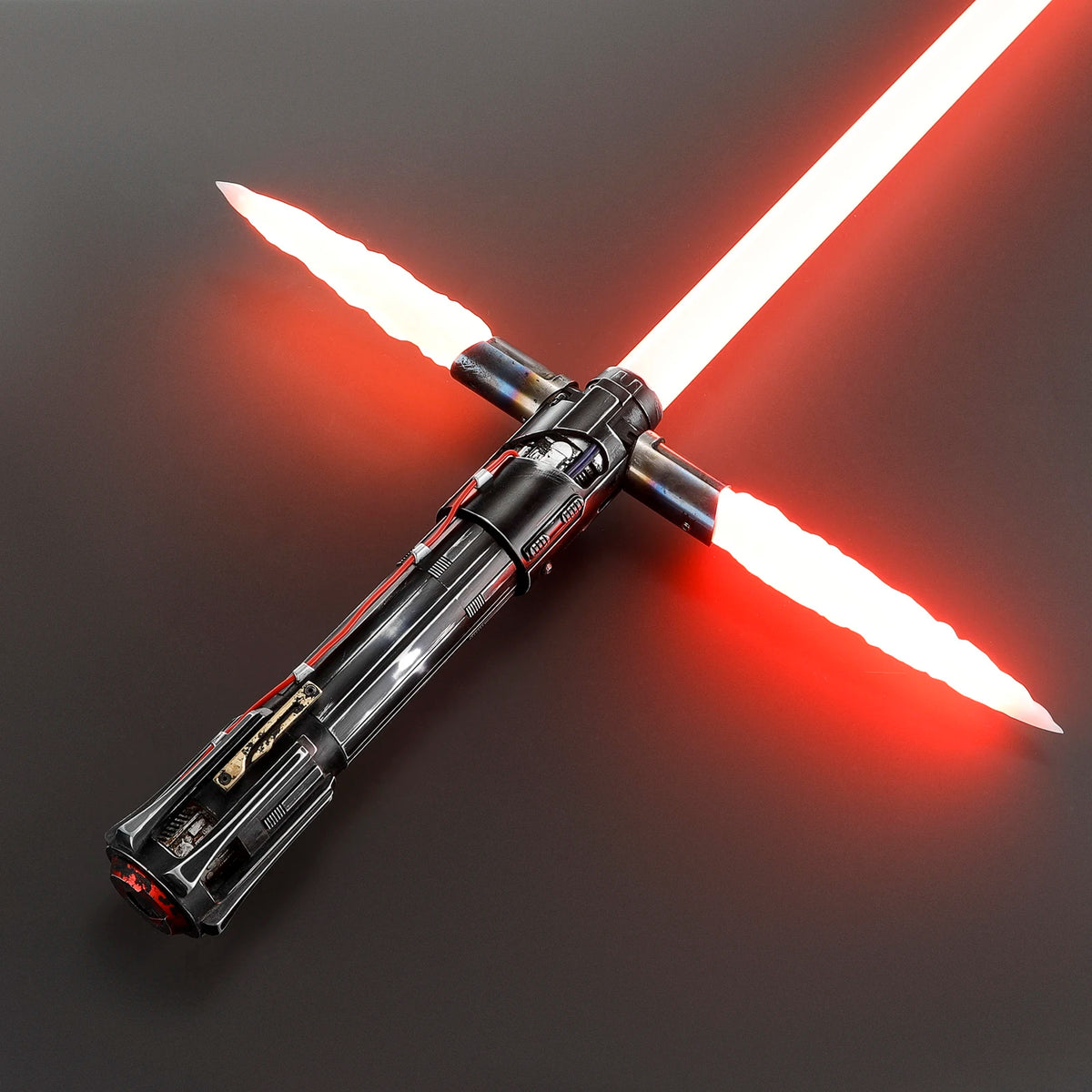 A black lightsaber with a red blade is shown crossed against a dark background.