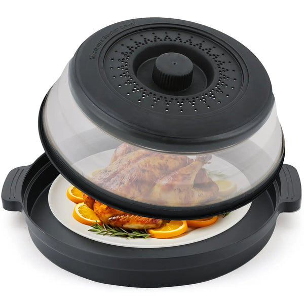 Foldable Microwave Splatter Cover with Base Mat — 2-in-1 Food Lid and Colander