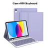 A purple detachable wireless keyboard case for an iPad, shown next to a laptop and a tablet.