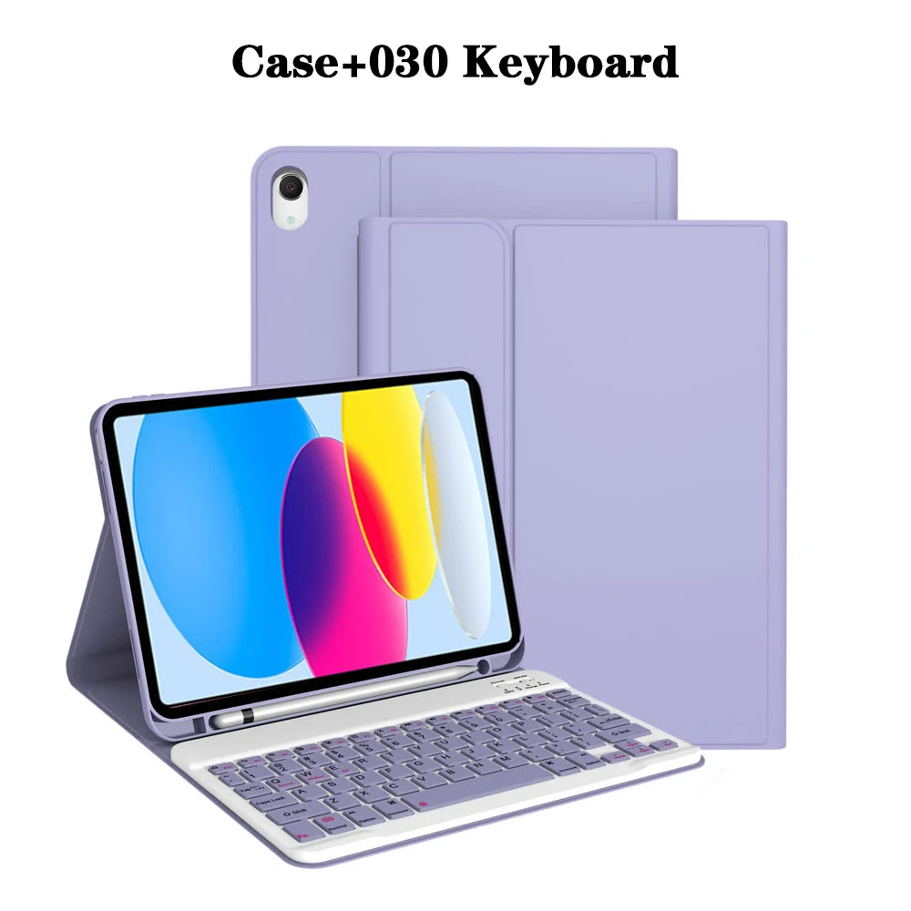 A purple detachable wireless keyboard case for an iPad, shown next to a laptop and a tablet.