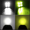 Three images showing compact LED spot lights illuminating a surface and vehicle headlights.