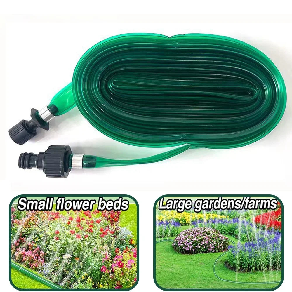 Green flat soaker hose with rain-like spray for watering small flower beds and large gardens