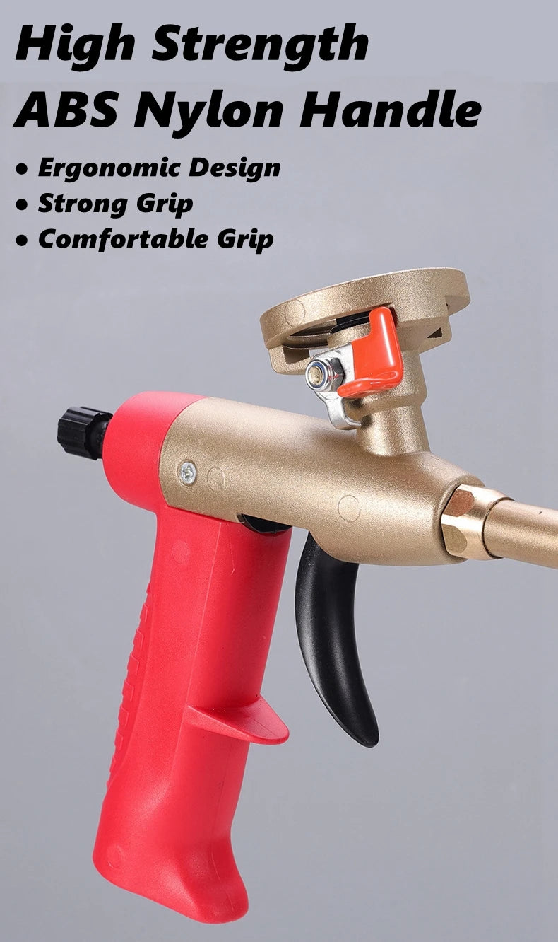 A close-up view of a red and gold high-strength ABS nylon handle spray gun with an orange trigger and black grip.