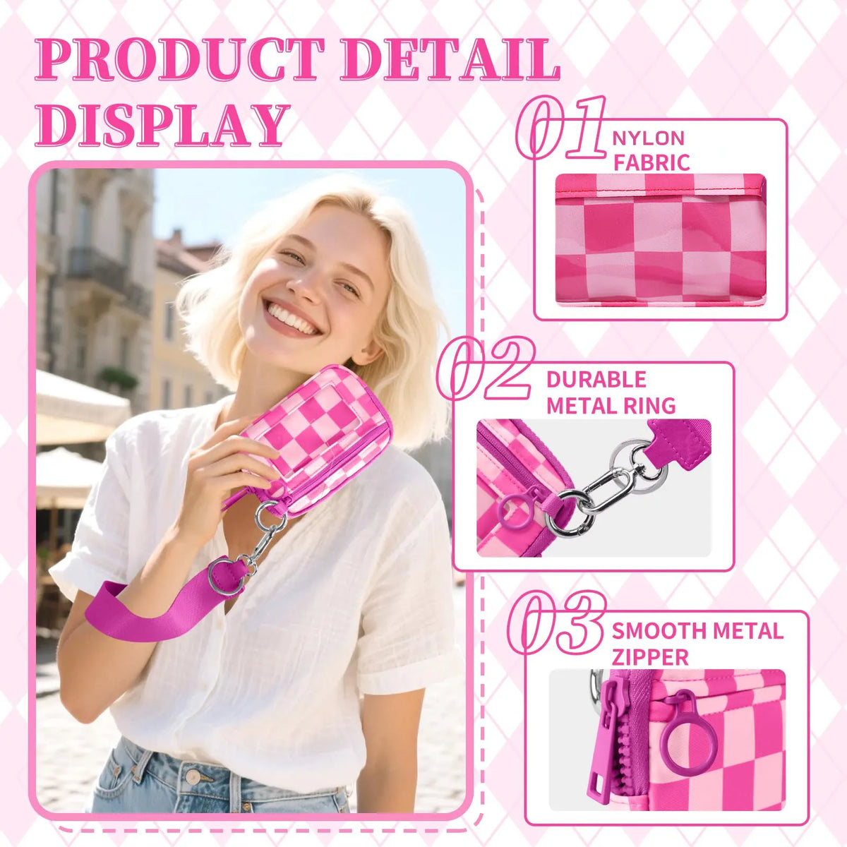 Checkered Card Case Wallet with Detachable Keychain and ID Window
