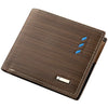 Brown striped leather wallet with stitching and blue accents shown from above.
