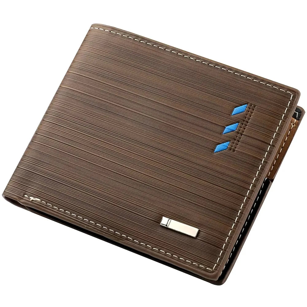 Brown striped leather wallet with stitching and blue accents shown from above.