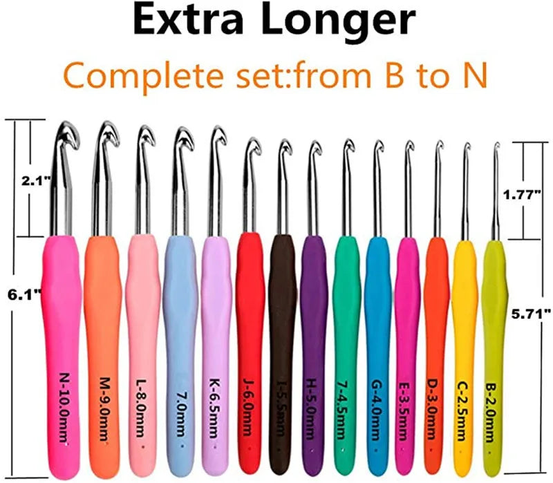 Extra Longer complete set of crochet hooks from size B to N displayed in a row.
