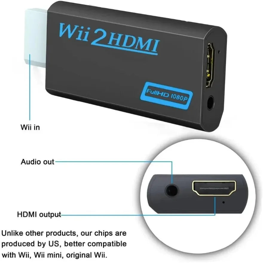 A black Wii 2 HDMI adapter box showing the input and output ports.