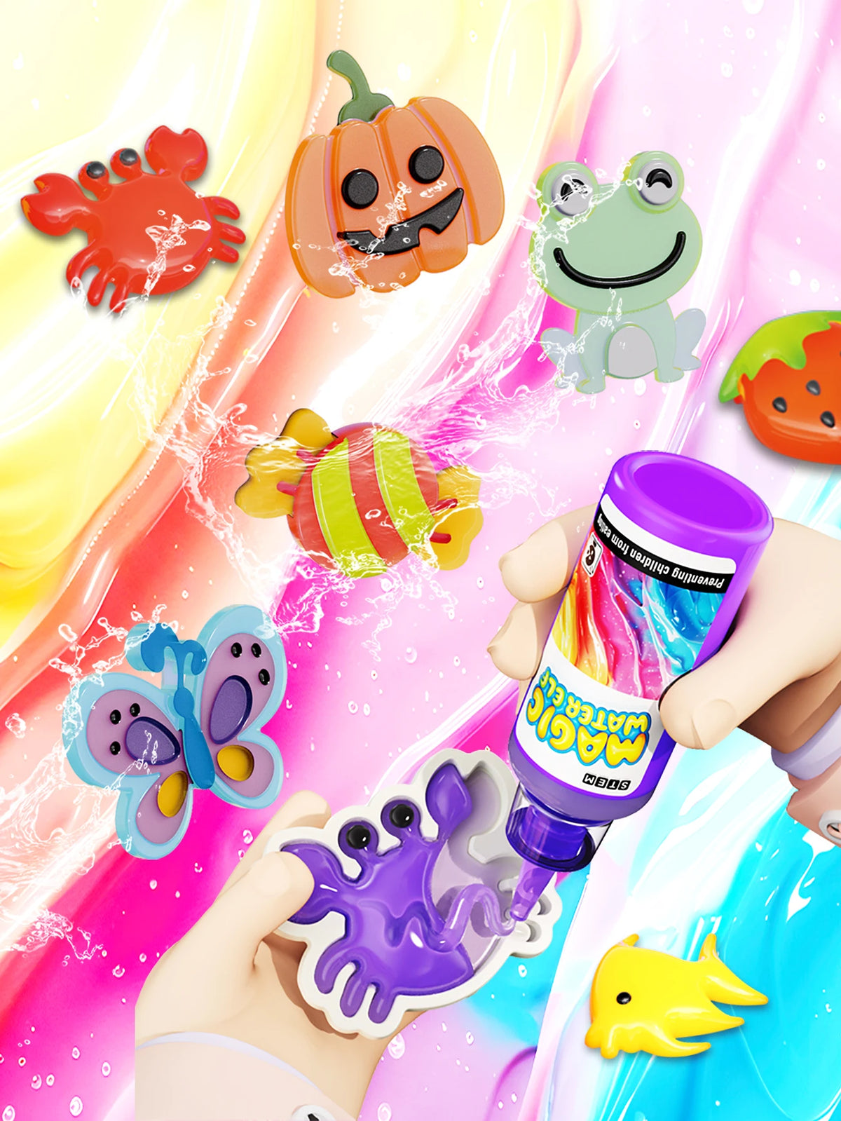 A hand is painting a purple water elf design onto a pink liquid surface with colorful paint and tools.