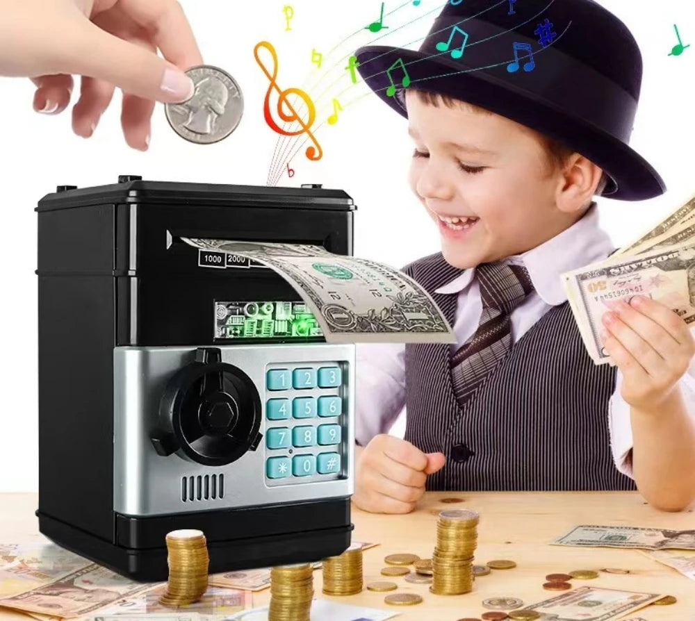 A child is using an electronic password piggy bank with an automatic bill feeder to insert currency into the device.