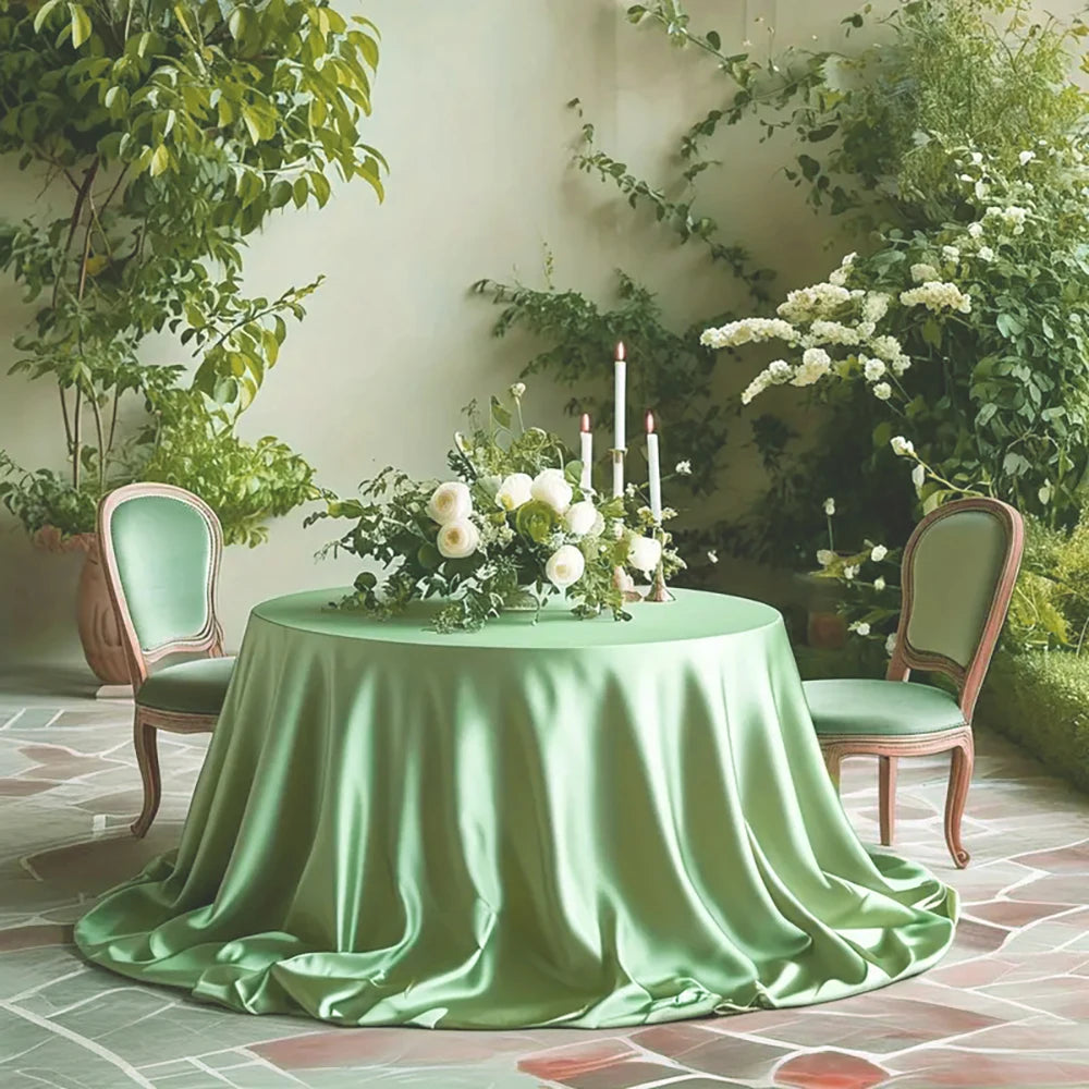 An elegant round satin tablecloth in sage green set up for an event surrounded by lush greenery and white flowers.