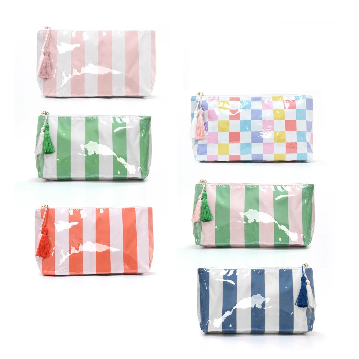 Large-Capacity Striped Cosmetic Bag with Contrasting Design