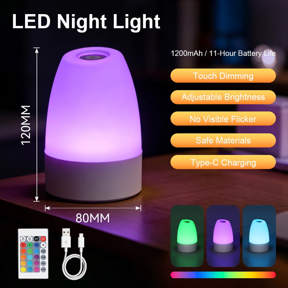A purple LED night light with a rounded shape is shown next to its controls and charging cable.