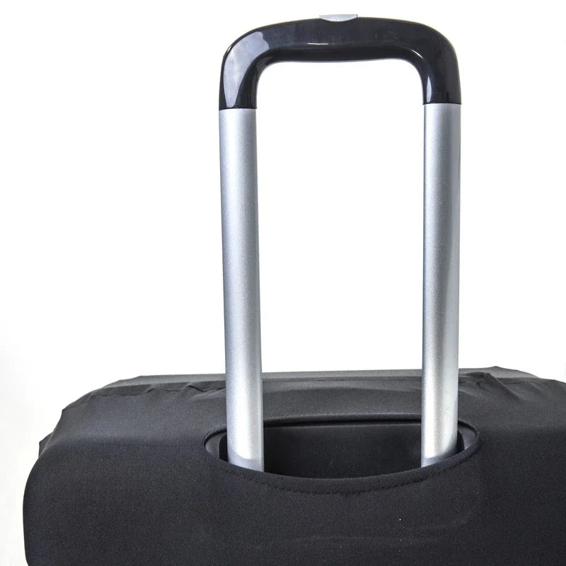 A silver handle is visible on a black stretchy suitcase cover protector.