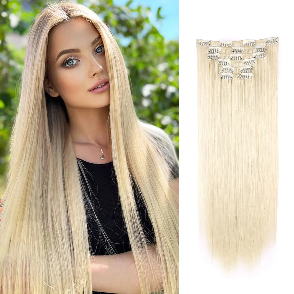 Un mannequin montre de longs cheveux blonds avec une extension clip-in ornée de clips semblables à des diamants.