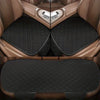 A set of three universal car seat covers in brown leather and black quilted fabric shown from an overhead angle.