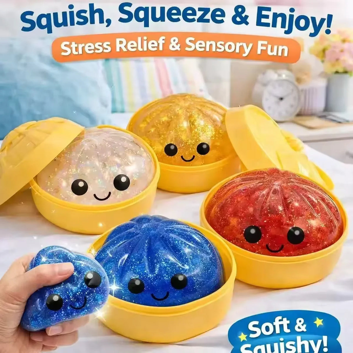 A hand holds a blue glitter squishy stress relief toy in a yellow container with other colorful squishies.