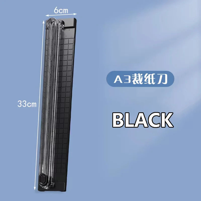 A black portable A3 paper cutter trimmer with a 6cm length and 33cm height.