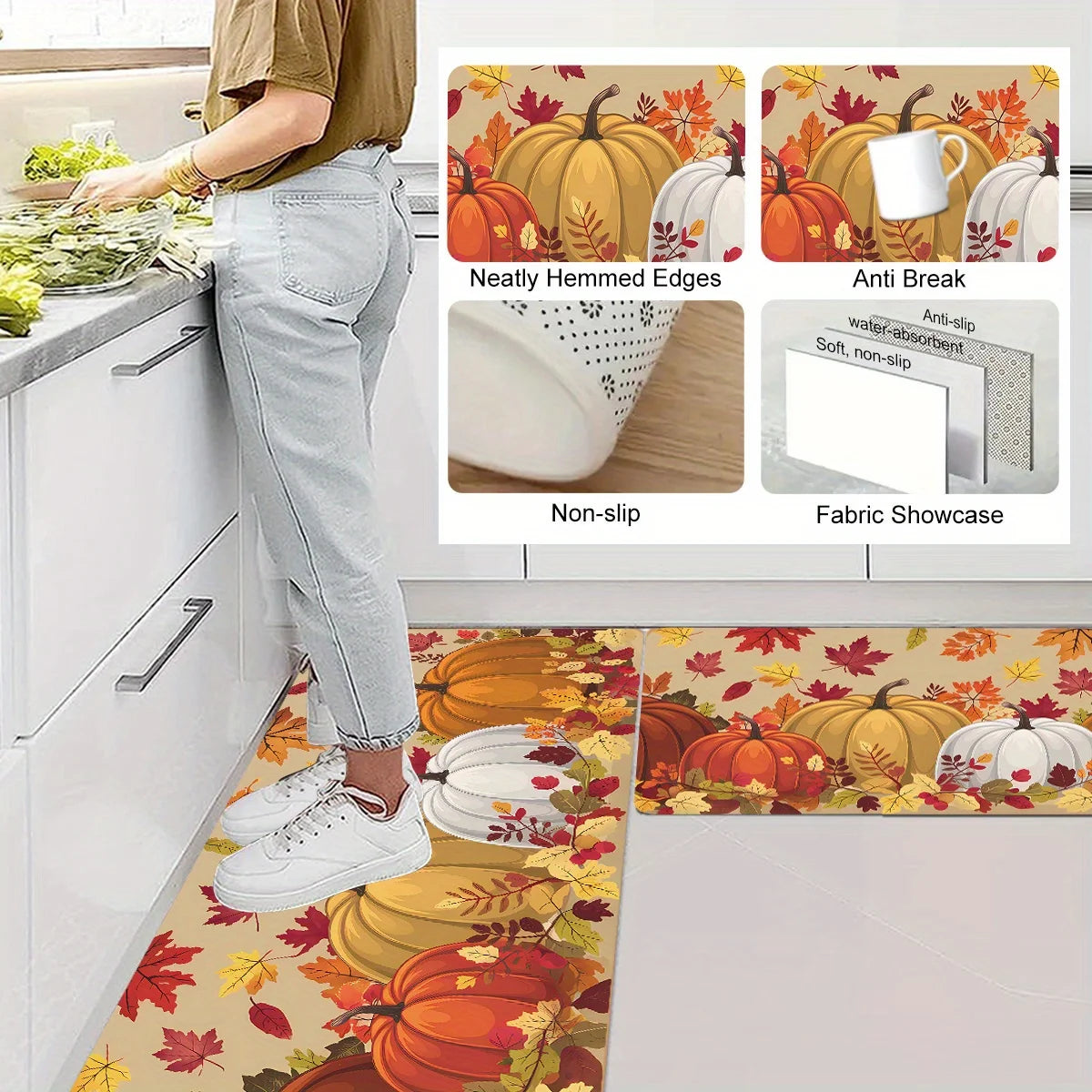 A decorative area rug featuring Thanksgiving pumpkins and maple leaves in orange, yellow, and red tones.