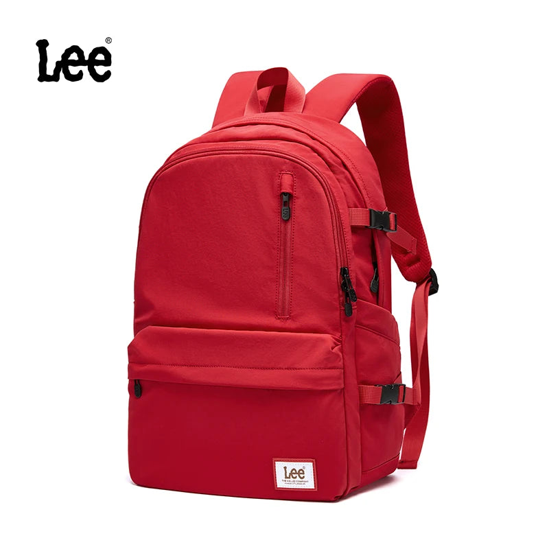 A red Lee ultralight water-resistant laptop backpack shown from the back.