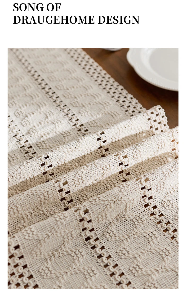 Beige boho table runner with tassels featuring a hand-woven farmhouse style texture.