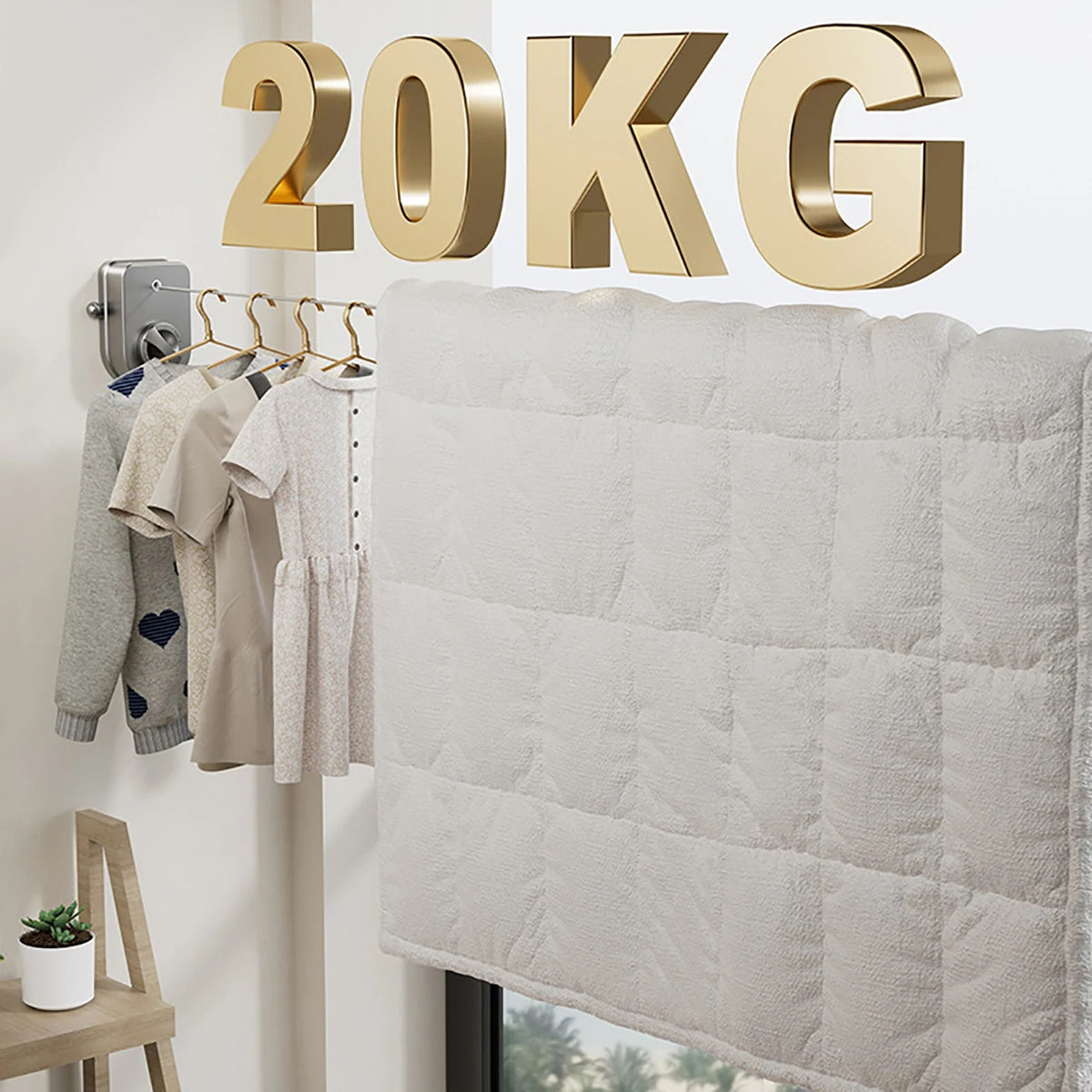 A beige quilted blanket hangs next to a gold text sign reading 20KG, with clothes on a wooden hanger nearby.