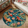 Round non-slip rug featuring a colorful pattern of koi fish and lotus flowers on a teal background