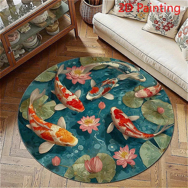 Round non-slip rug featuring a colorful pattern of koi fish and lotus flowers on a teal background