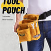 A yellow tool pouch with multiple pockets is shown being worn on a dark belt by a person.