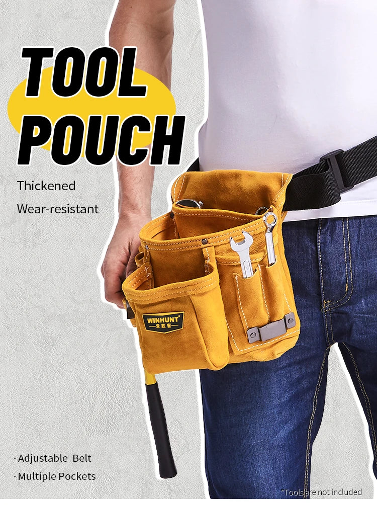 A yellow tool pouch with multiple pockets is shown being worn on a dark belt by a person.