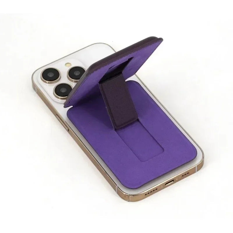 A purple magnetic leather wallet case with a kickstand is shown open on an iPhone.