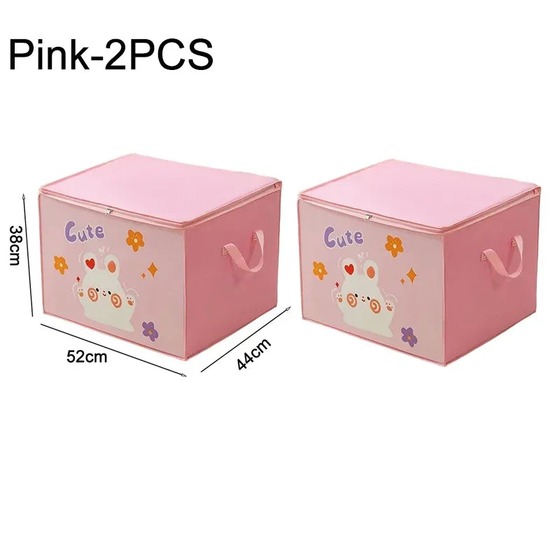 Two pink foldable storage bags with cute animal designs shown side by side.