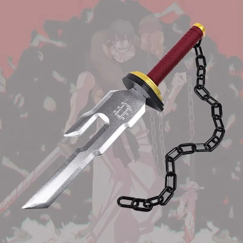 A cosplay katana featuring an inverted spear design with a red grip and a black chain.