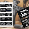 A collection of black and white embroidered iron-on letter patches featuring various sayings like Just The Tip 100% Savage an