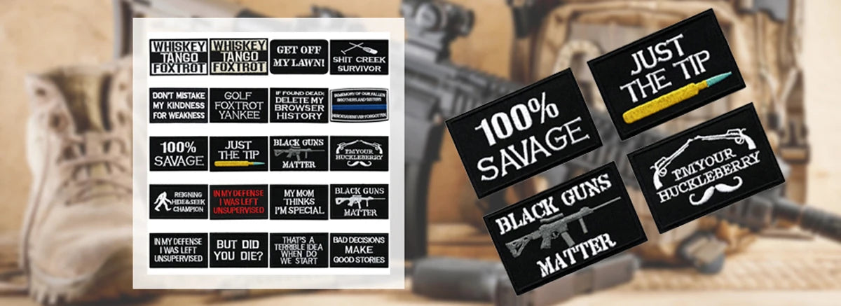 A collection of black and white embroidered iron-on letter patches featuring various sayings like Just The Tip 100% Savage an
