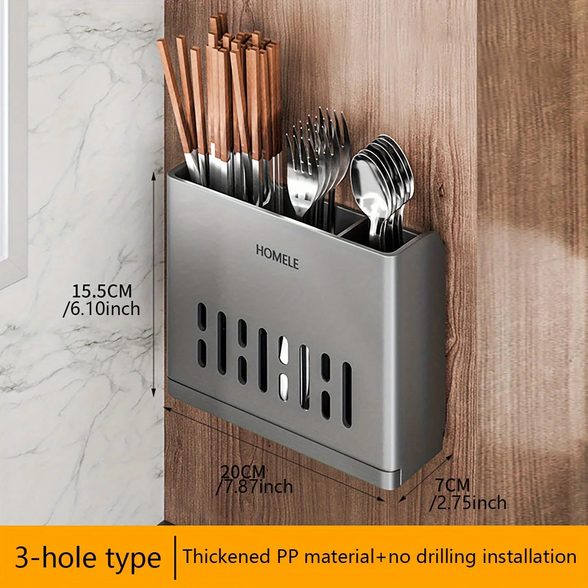 A silver cutlery organizer with a 3-hole design is mounted on a wooden surface, showing various forks and knives.