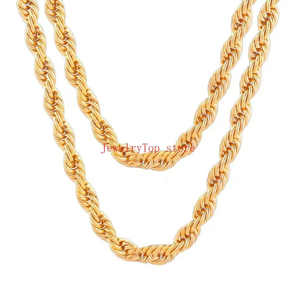 A close-up of a 4mm rope chain necklace made of 18K gold-plated metal.
