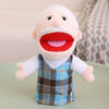 A soft plush hand puppet with white hair, a red mouth, and a plaid vest, used for children's role-play.